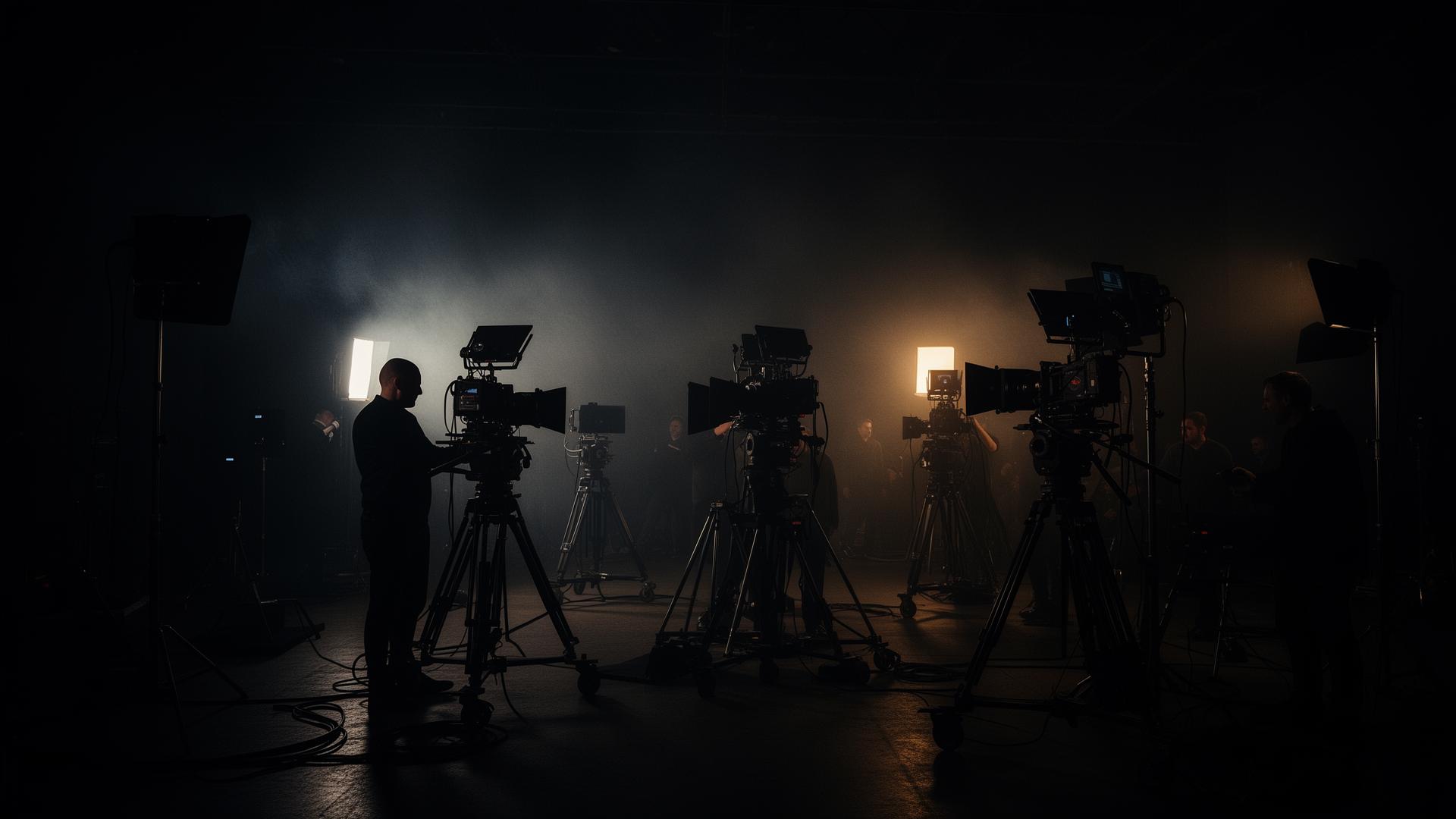 Cinematic film production set with dramatic lighting and equipment
